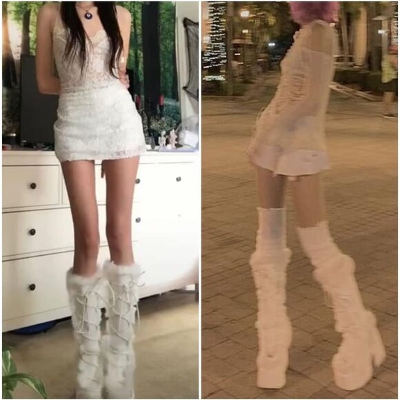 🆕Womens White Synthetic Mid Calf Lace Up Chunky High Heel Warm Fur Snow Boots - Picture 7 of 11